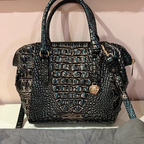 Brahmin Bags Brahmin Black And Teal Mini Camila Embossed